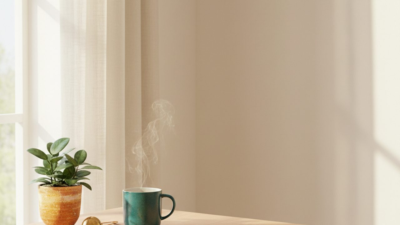 Sonnendurchflutete Fensterecke mit dampfender Tasse in Petrol, einer Grünpflanze im Terrakotta-Topf und viel ruhiger Fläche an der Wand