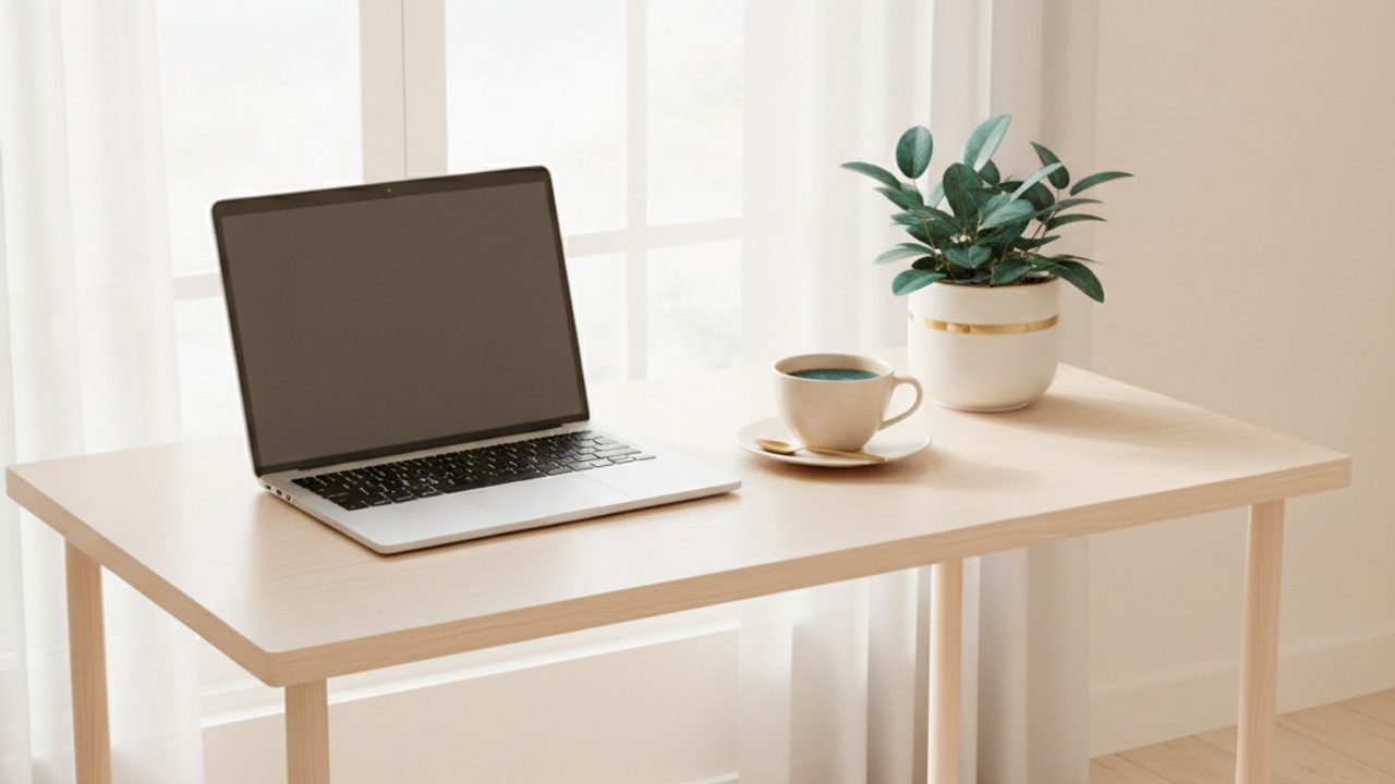 Ruhiger Schreibtisch mit aufgeklapptem Laptop, auf dessen Bildschirm ein Videobild zu sehen ist, daneben eine Tasse Tee in warmem Licht